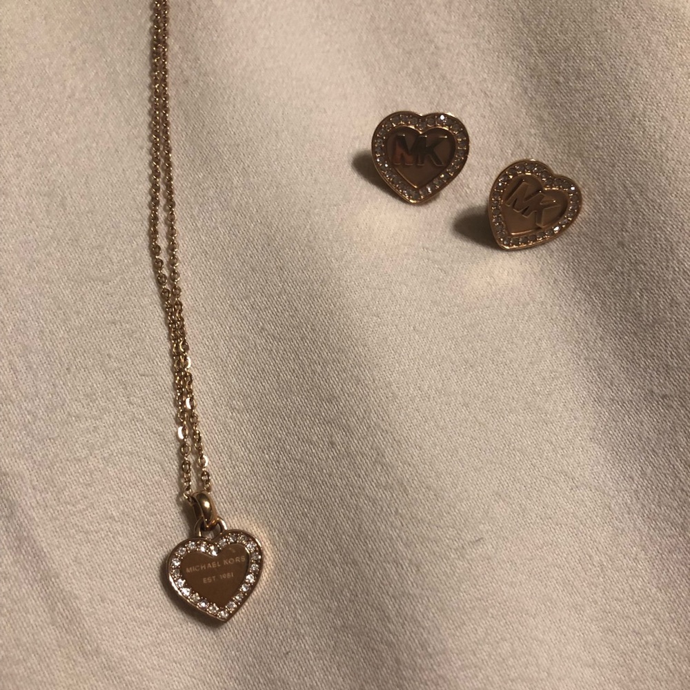 Michael Kors heart pendant necklace and earrings.